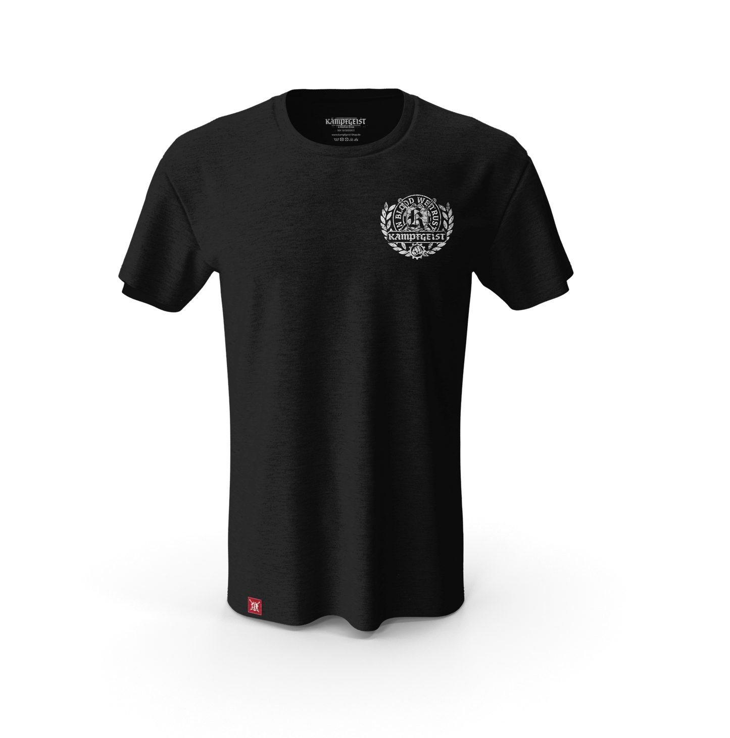 Das Bild zeigt das schwarze Kampfgeist T-Shirt mit dem Lorbeer Druck in weiß