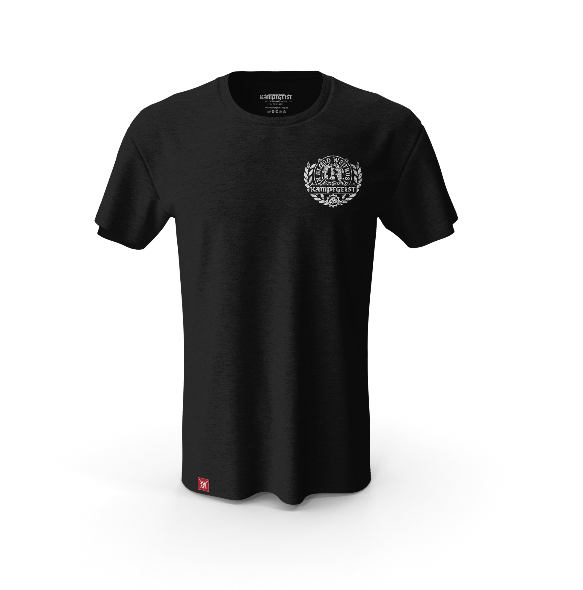 Das Bild zeigt das schwarze Kampfgeist T-Shirt mit dem Lorbeer Druck in weiß