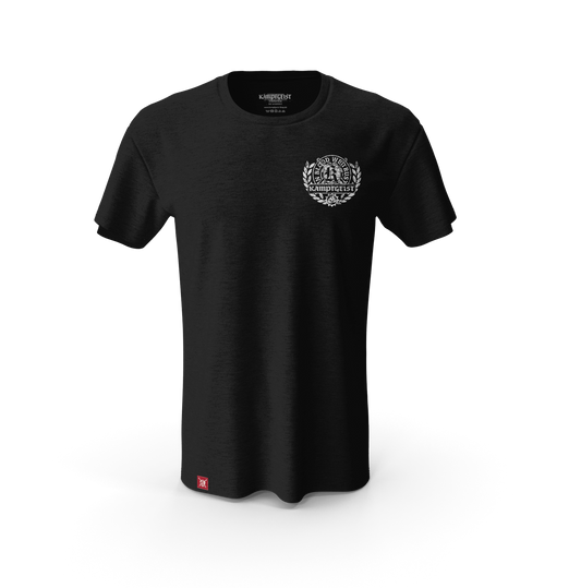 Das Bild zeigt das schwarze Kampfgeist T-Shirt mit dem Lorbeer Druck in weiß